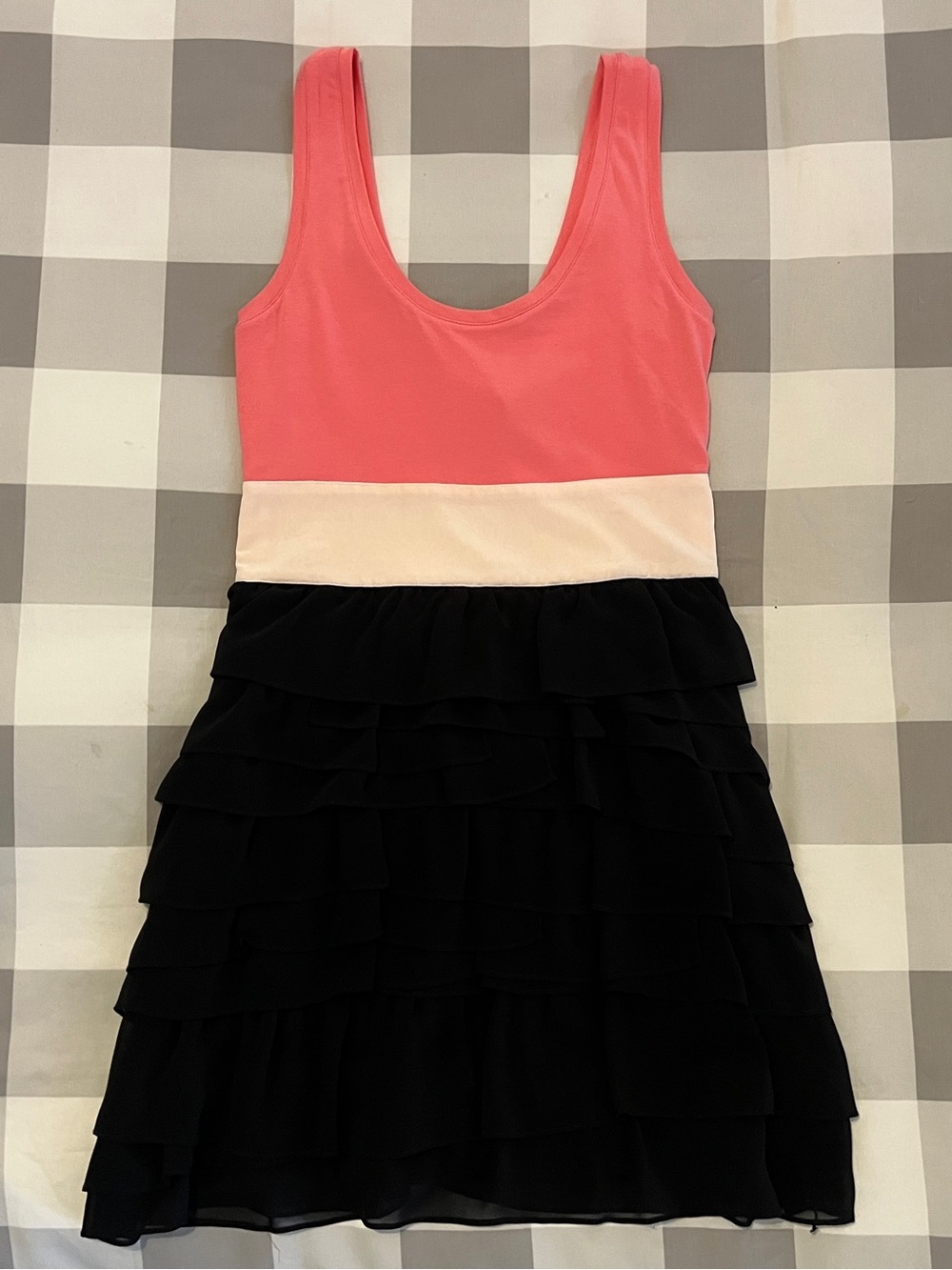 Cute Summer Dress! Pink, Cream & Black Fit and Flare Dress with Ruffles